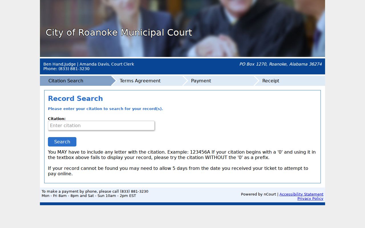 Blank Roanoke Municipal Court citation payment interface