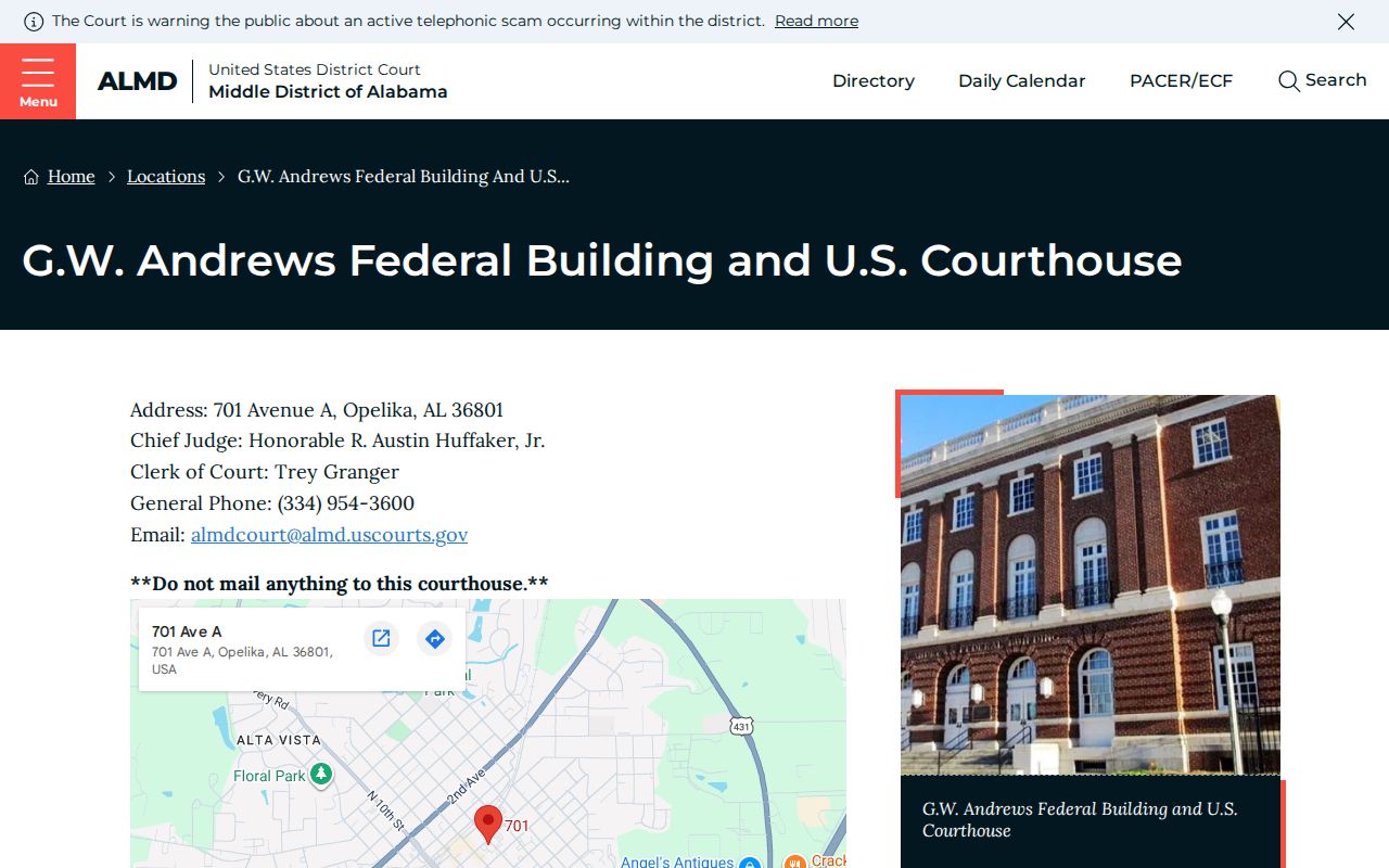 Official Middle District of Alabama federal courthouse location and contact page