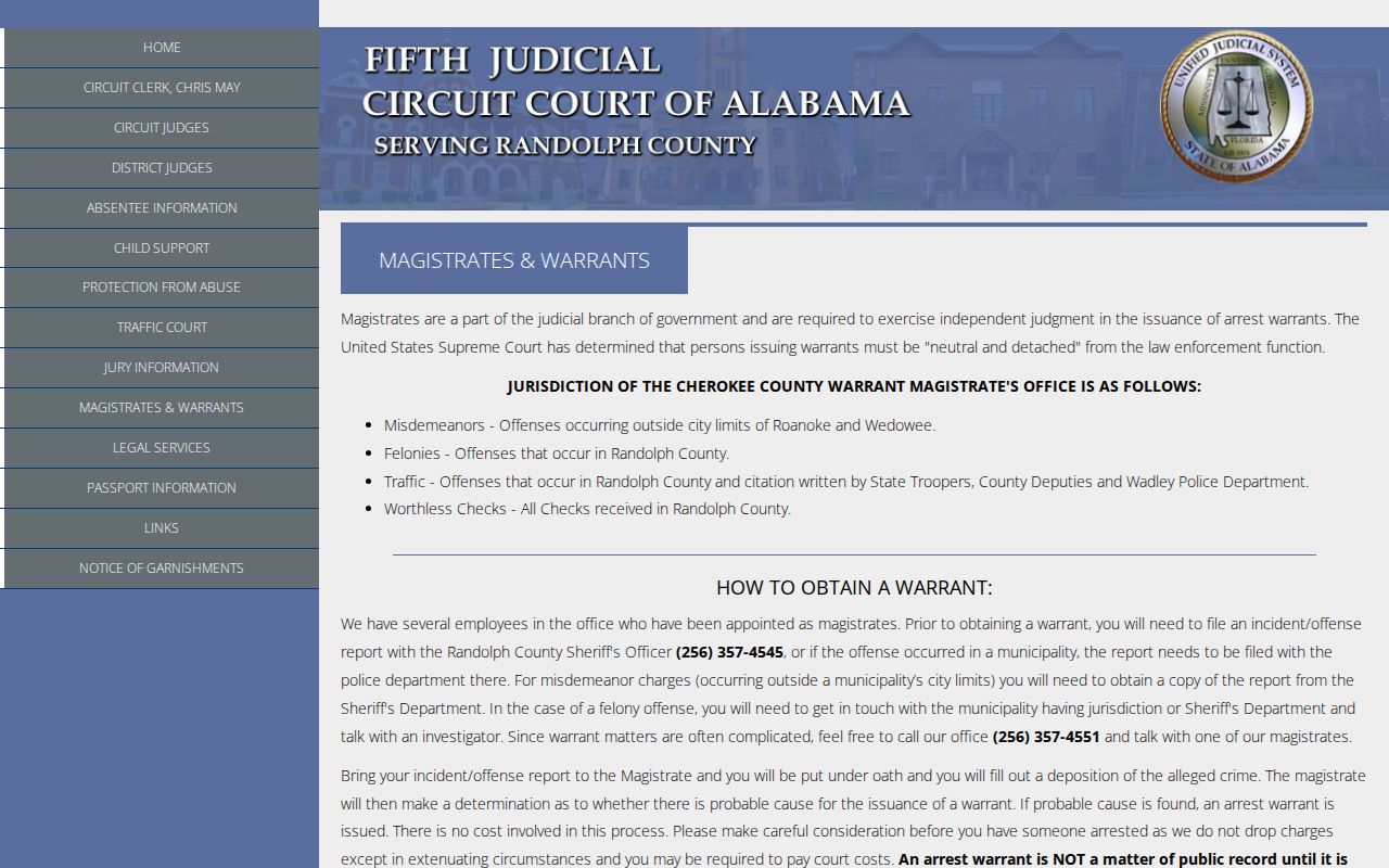Randolph County warrant records magistrates instructions